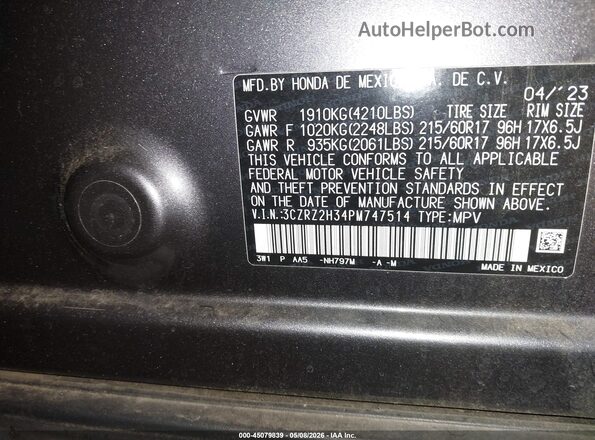 3CZRZ2H34PM747514 2023 HONDA HR-V Gray 