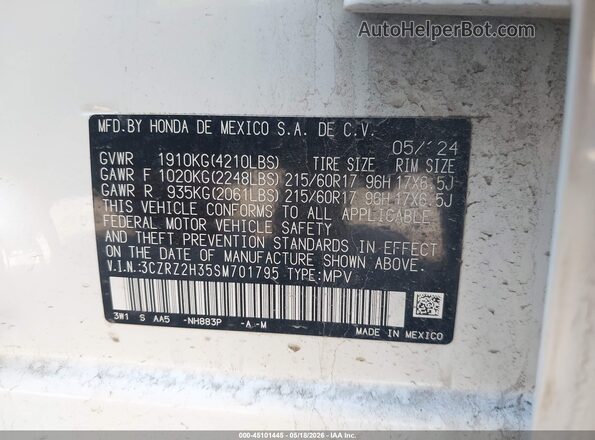 3CZRZ2H35SM701795 2025 HONDA HR-V White Vista del compartimento del motor