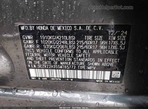 3CZRZ2H35SM765772 2025 HONDA HR-V Gray Widok komory silnika