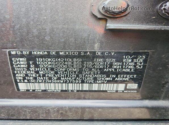 3CZRZ2H36RM737599 2024 HONDA HR-V Charcoal Vista de la etiqueta del VIN
