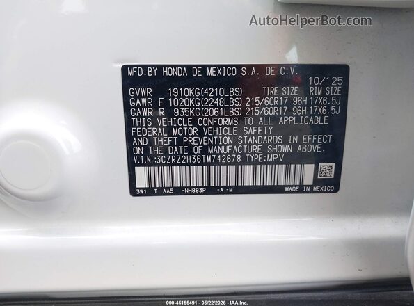 3CZRZ2H36TM742678 2026 HONDA HR-V White Вид підкапотного простору