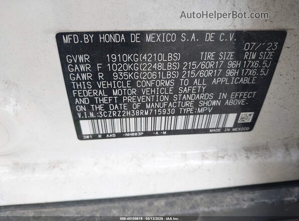 3CZRZ2H38RM715930 2024 HONDA HR-V White Vista del compartimento del motor