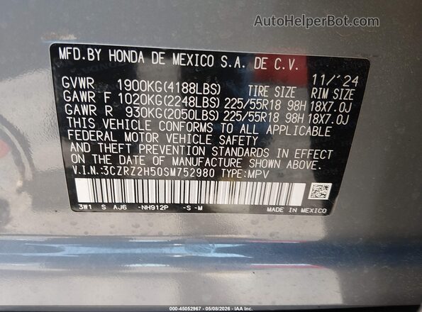 3CZRZ2H50SM752980 2025 HONDA HR-V Gray Widok komory silnika