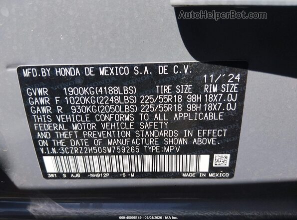 3CZRZ2H50SM759265 2025 HONDA HR-V Gray Vista del compartimento del motor