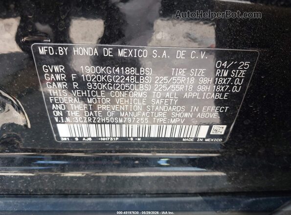 3CZRZ2H50SM797255 2025 HONDA HR-V Black ძრავის განყოფილების ხედი