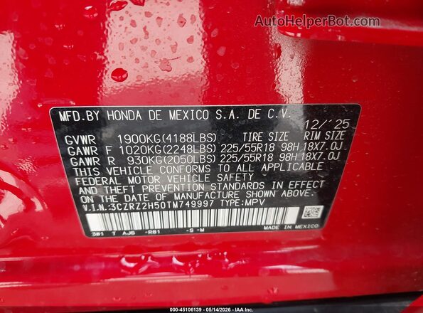 3CZRZ2H50TM749997 2026 HONDA HR-V Red Engine compartment view