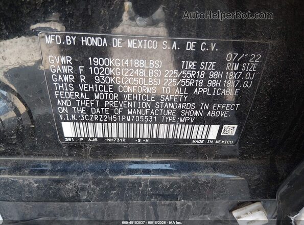 3CZRZ2H51PM705531 2023 HONDA HR-V Black Շարժիչի բաժամունքի տեսք