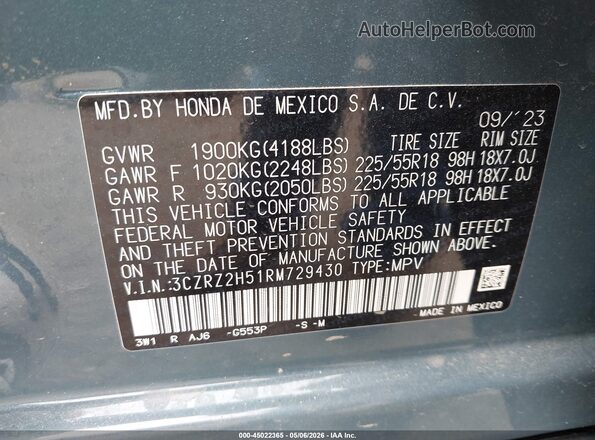 3CZRZ2H51RM729430 2024 HONDA HR-V Gray Շարժիչի բաժամունքի տեսք