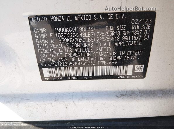 3CZRZ2H52PM735752 2023 HONDA HR-V White Widok komory silnika