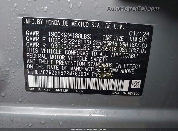 3CZRZ2H52RM763604 2024 HONDA HR-V Blue Widok komory silnika