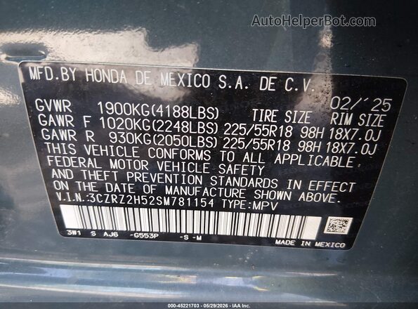 3CZRZ2H52SM781154 2025 HONDA HR-V Blue Widok komory silnika