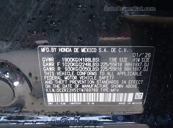 3CZRZ2H52TM760760 2026 HONDA HR-V Black Вид підкапотного простору
