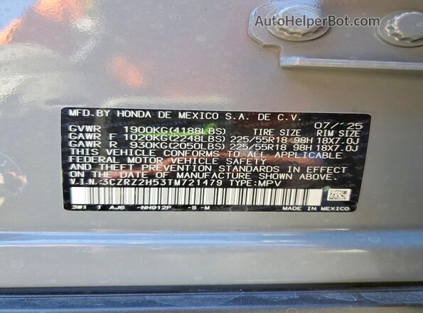 3CZRZ2H53TM721479 2026 HONDA HR-V Gray VIN sticker view