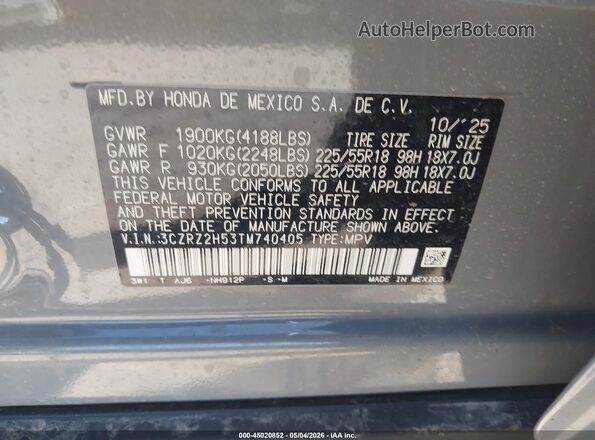 3CZRZ2H53TM740405 2026 HONDA HR-V Gray Widok komory silnika