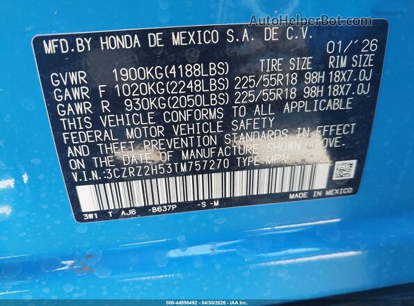 3CZRZ2H53TM757270 2026 HONDA HR-V Синий Вид подкапотного пространства
