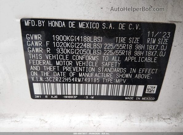 3CZRZ2H54RM749185 2024 HONDA HR-V Белый Вид подкапотного пространства