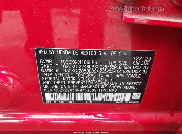 3CZRZ2H54RM753009 2024 HONDA HR-V Red Вид підкапотного простору