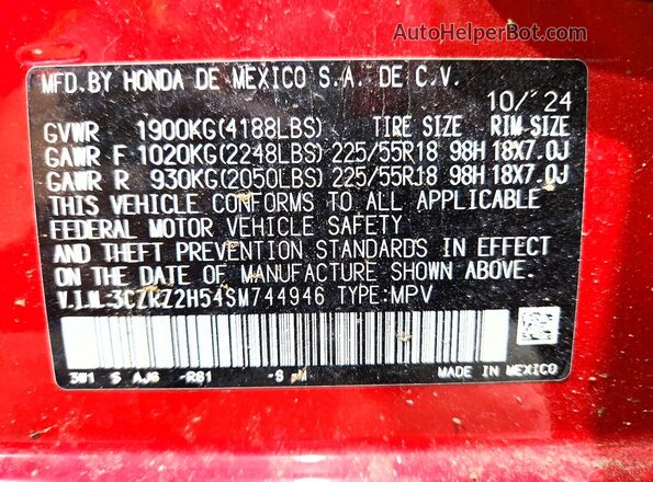 3CZRZ2H54SM744946 2025 HONDA HR-V Red Vista de la etiqueta del VIN