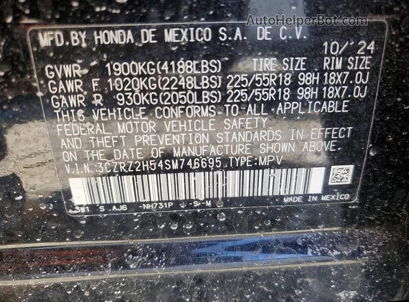 3CZRZ2H54SM746695 2025 HONDA HR-V Black Vista de la etiqueta del VIN