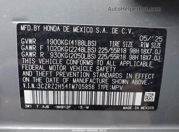 3CZRZ2H54TM705856 2026 HONDA HR-V Gray Engine compartment view