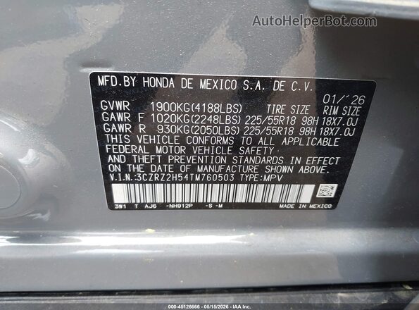 3CZRZ2H54TM760503 2026 HONDA HR-V Gray Engine compartment view