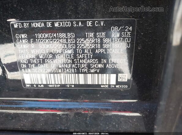 3CZRZ2H55SM734281 2025 HONDA HR-V Black Widok komory silnika