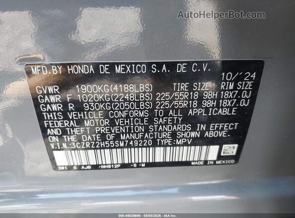 3CZRZ2H55SM749220 2025 HONDA HR-V Gray Engine compartment view