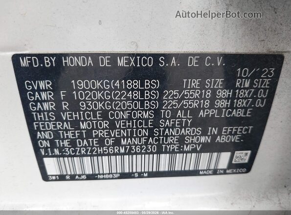 3CZRZ2H56RM736230 2024 HONDA HR-V White Շարժիչի բաժամունքի տեսք