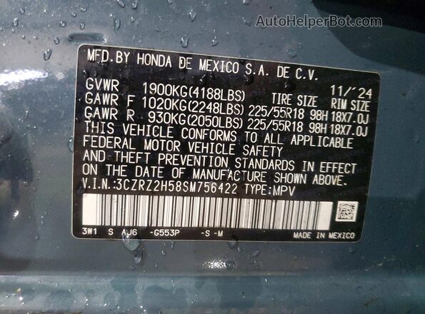 3CZRZ2H58SM756422 2025 HONDA HR-V Blue VIN კოდის სტიკერის ხედი