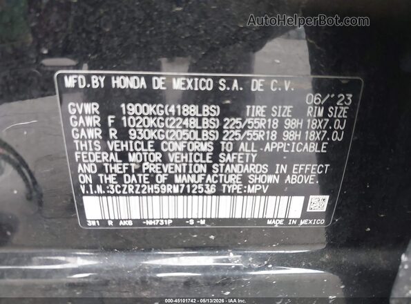 3CZRZ2H59RM712536 2024 HONDA HR-V Black Widok komory silnika