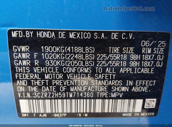 3CZRZ2H59TM714360 2026 HONDA HR-V Blue Engine compartment view