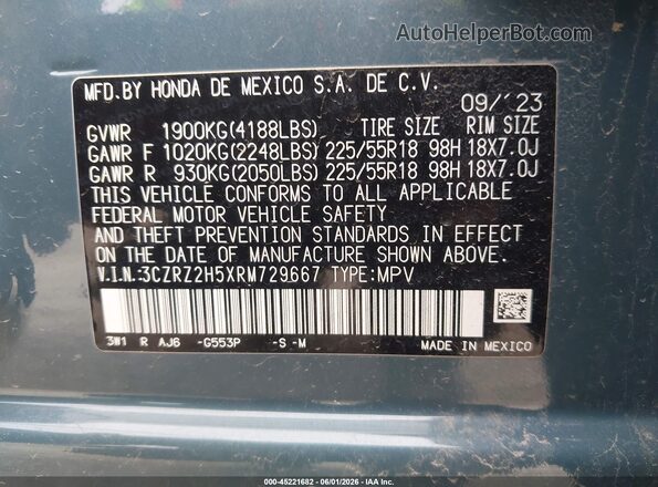 3CZRZ2H5XRM729667 2024 HONDA HR-V Blue Engine compartment view