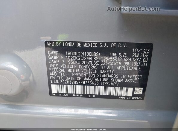3CZRZ2H5XRM733623 2024 HONDA HR-V Gray Вид підкапотного простору
