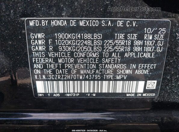 3CZRZ2H70TM743795 2026 HONDA HR-V Black Engine compartment view