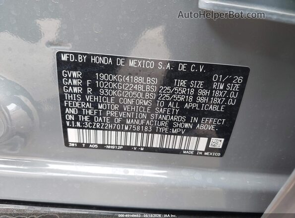 3CZRZ2H70TM758183 2026 HONDA HR-V Gray Vista del compartimento del motor