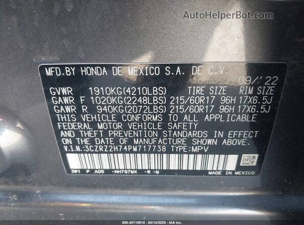 3CZRZ2H74PM717738 2023 HONDA HR-V Gray Widok komory silnika