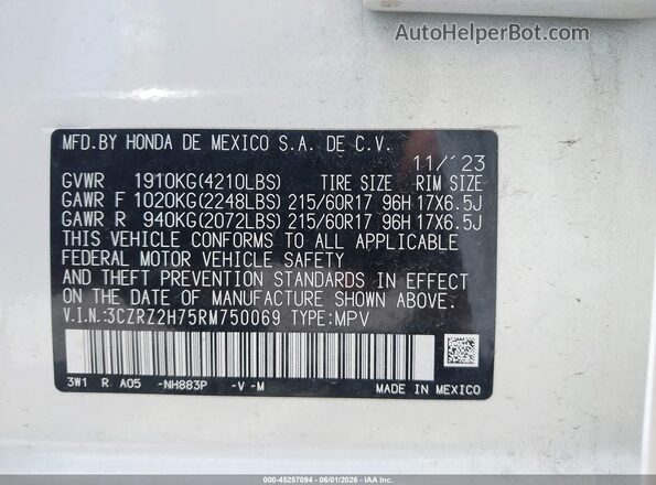 3CZRZ2H75RM750069 2024 HONDA HR-V Белый Вид подкапотного пространства