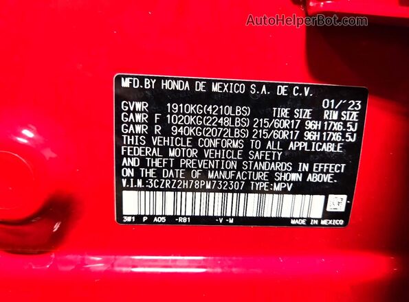 3CZRZ2H78PM732307 2023 HONDA HR-V Red 