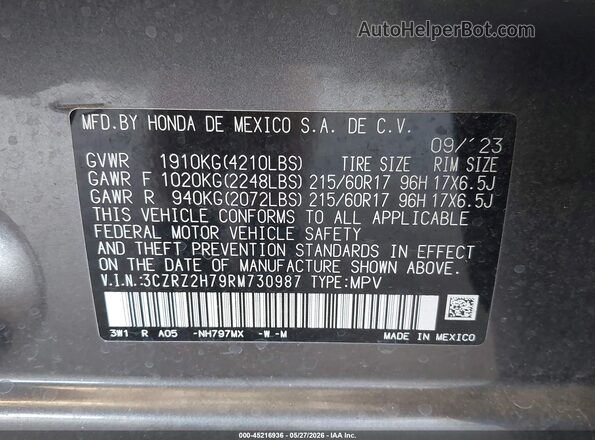 3CZRZ2H79RM730987 2024 HONDA HR-V Gray Engine compartment view