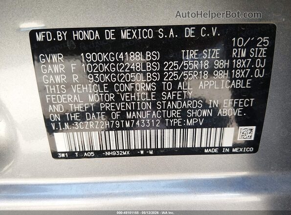 3CZRZ2H79TM743312 2026 HONDA HR-V Silver Вид підкапотного простору