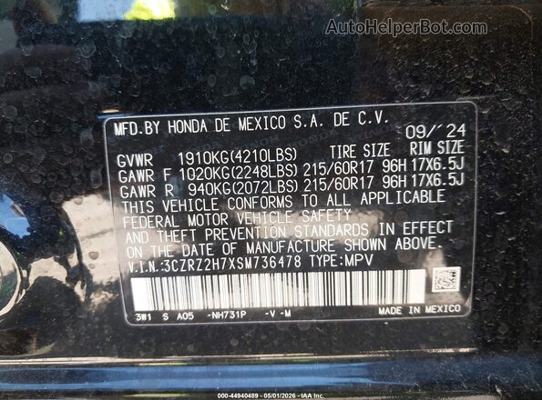 3CZRZ2H7XSM736478 2025 HONDA HR-V Black ძრავის განყოფილების ხედი