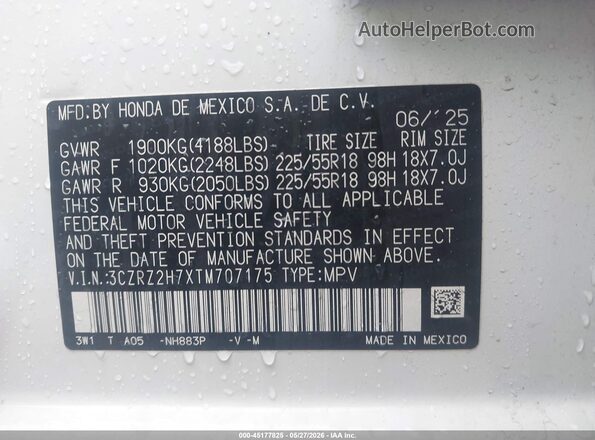 3CZRZ2H7XTM707175 2026 HONDA HR-V White Engine compartment view