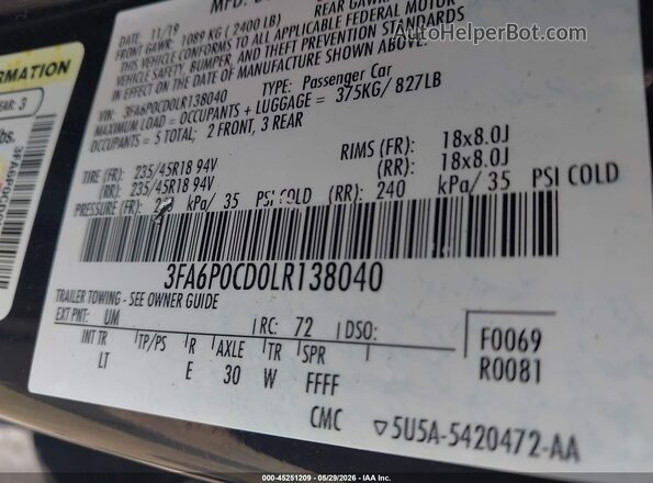 3FA6P0CD0LR138040 2020 FORD FUSION Black ძრავის განყოფილების ხედი