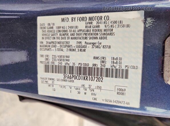 3FA6P0CD1KR107202 2019 FORD FUSION Blue 