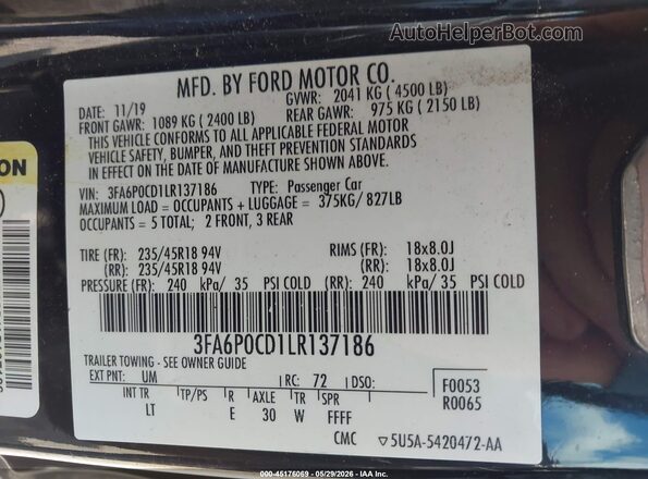 3FA6P0CD1LR137186 2020 FORD FUSION Черный Вид подкапотного пространства