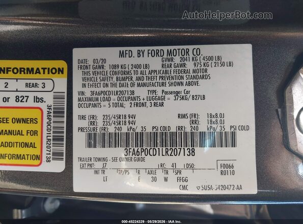 3FA6P0CD1LR207138 2020 FORD FUSION Gray Engine compartment view
