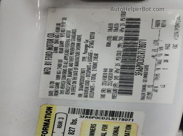 3FA6P0CD2LR178071 2020 FORD FUSION White 