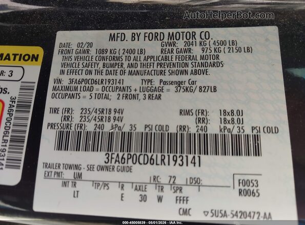 3FA6P0CD6LR193141 2020 FORD FUSION Black Engine compartment view