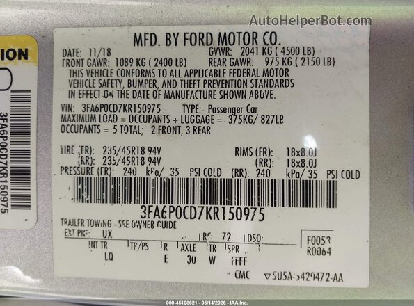 3FA6P0CD7KR150975 2019 FORD FUSION Silver 