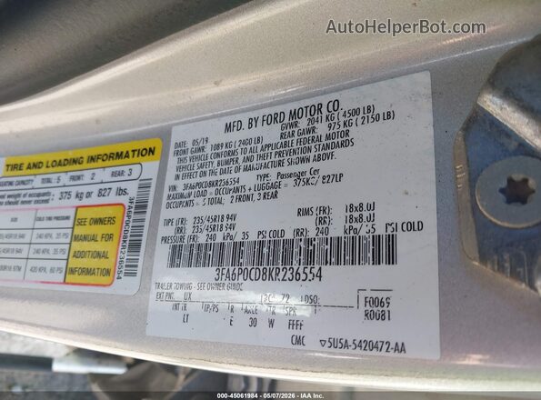 3FA6P0CD8KR236554 2019 FORD FUSION Silver ძრავის განყოფილების ხედი